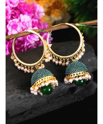Gold Plated Green Pearls Hoops Earrings 
