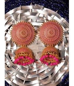 Oxidised Gold Plated Pink Jhumki Earrings 
