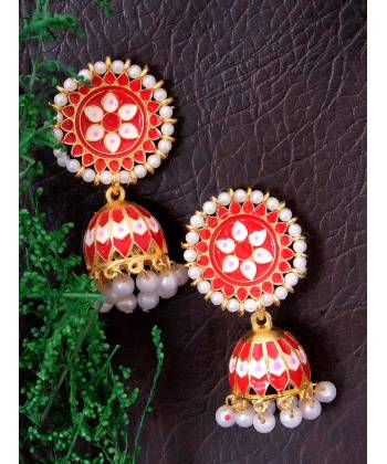 Red With White Pearls Jhumka Earrings 