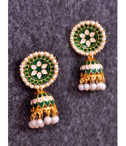 Green With White Pearls Jhumki Earrings 