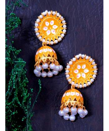Yellow With White Pearls Jhumki Earrings 