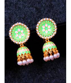 Green  With White Pearls Jhumki Earrings 