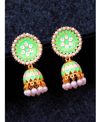 Green  With White Pearls Jhumki Earrings 