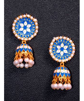 Blue With White Pearls Jhumki Earrings 