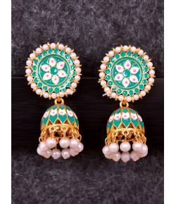 Mint Green With White Pearls Jhumki Earrings 