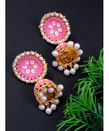 Pink With White Pearls Jhumki Earrings 