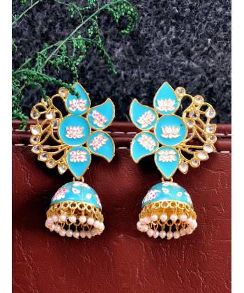 Oxidised Skyblue Gold Plated Traditional Jhumka Earrings 