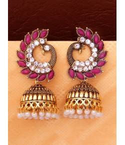 Gold Plated Peacock Pink Kundan Drop Jhumka Jhumki Earring 