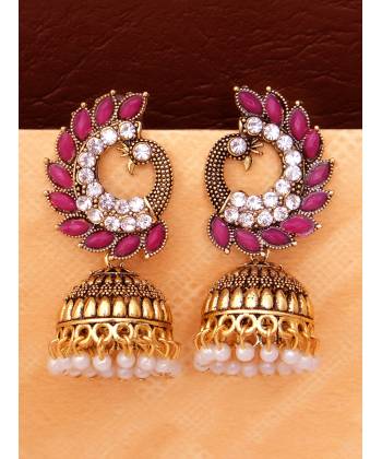 Gold Plated Peacock Pink Kundan Drop Jhumka Jhumki Earring 