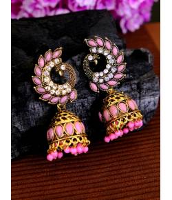 Traditional Peacock Gold Plated Pink Jhumka Jhumki Earrings RAE0398