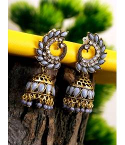 Traditional Gold Grey Peacock Jhumka Earrings RAE0399