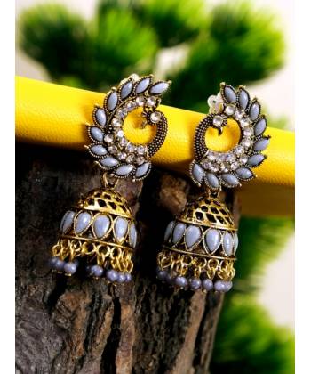 Traditional Gold Grey Peacock Jhumka Earrings RAE0399