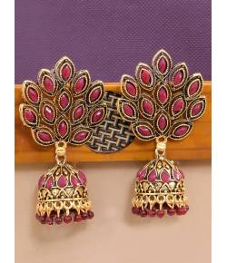 Oxidised Gold Plated Pink Jhumka Earrings 