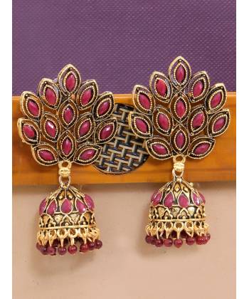Oxidised Gold Plated Pink Jhumka Earrings 