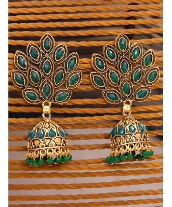 Oxidised Gold Plated Green Jhumka Earrings 