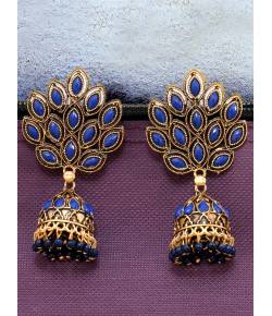 Oxidised Gold Plated Blue Jhumka Earrings 