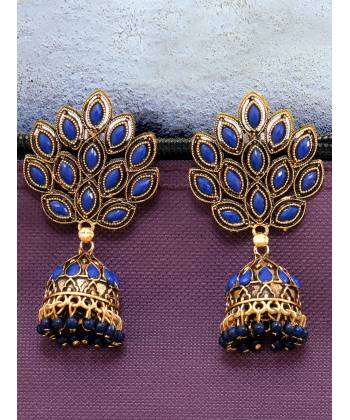 Oxidised Gold Plated Blue Jhumka Earrings 