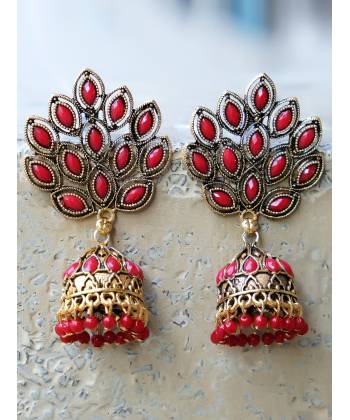 Oxidised Gold Plated Red Jhumka Earrings 