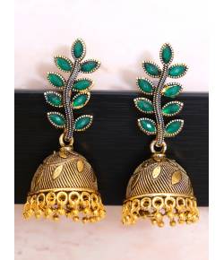 Traditional Gold Plated Green Jhumka Earrings.