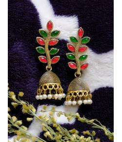 Gold Plated Green Orange Jhumka Jhumki Earrings 