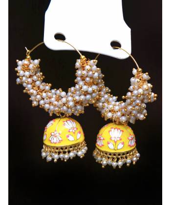 Gold Plated White Pearls Yellow Hoops Jhumka Earrings