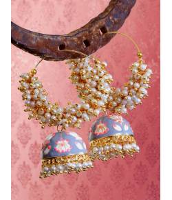 Gold Pated White Pearls Grey Jhumka Jhumki Earrings