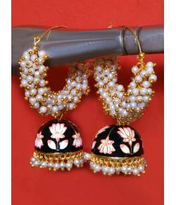 Gold Plated White Pearls Black Hoops Jhumka Earrings 
