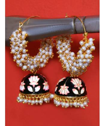 Gold Plated White Pearls Black Hoops Jhumka Earrings 