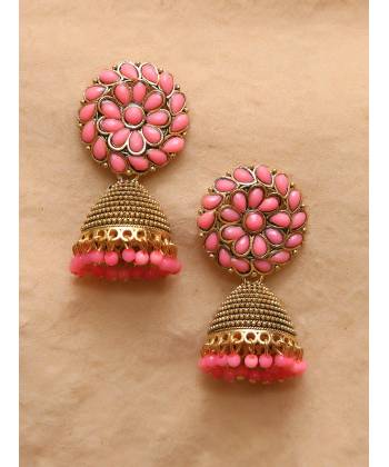 Embellished Gold Plated  Pink Jhumka Earrings