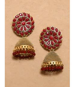Embellished Gold Plated  Maroon Jhumka Earrings