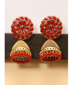 Gold Plated Red Jhumka Earrings