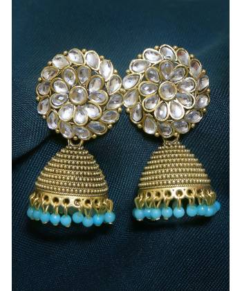 Gold Plated Sky Blue Pearls Jhumka Earrings 
