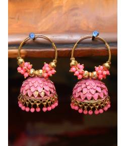 Gold Plated Pink Jhumka Earrings 