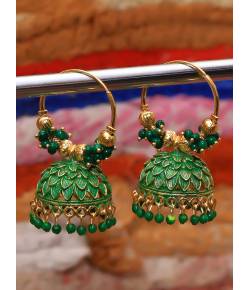 Embellished Gold Plated  Green  Jhumka Earrings