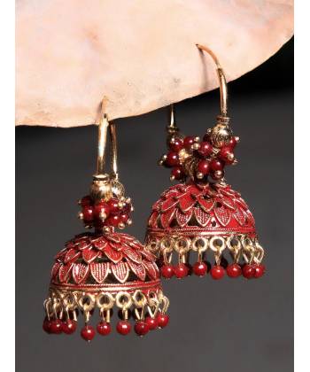 Embellished Gold Plated  Maroon Jhumka Earrings RAE0442 SK         32345