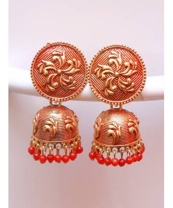 Traditional Gold Plated Orange Pearls Jhumka Jhumki Earrings