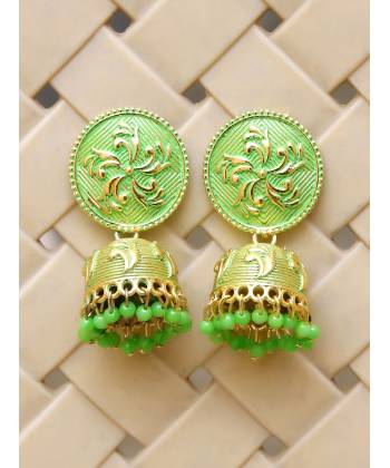 Traditional Gold Plated Green Pearls Jhumka Jhumki Earrings 