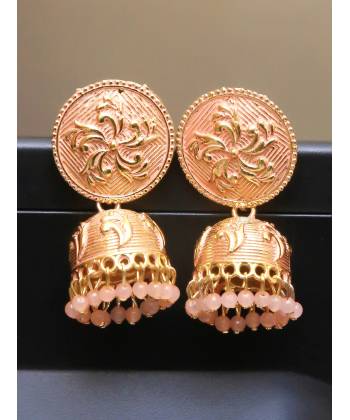 Traditional Gold Plated Peach Pearls Jhumka Jhumki Earrings 