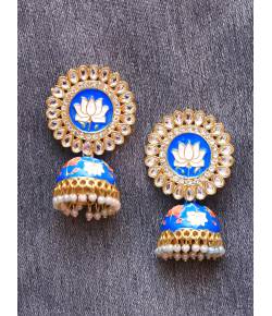 Traditional Gold Plated White Kundan Blue Jhumka Jhumki Earrings 