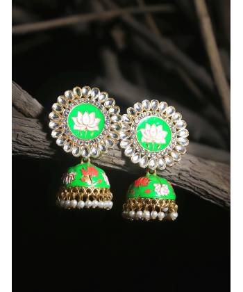 Traditional Gold Plated Green Jhumka Jhumki Earrings 