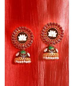 Traditional Gold Plated Maroon Kundan Jhumka Jhumki Earrings 