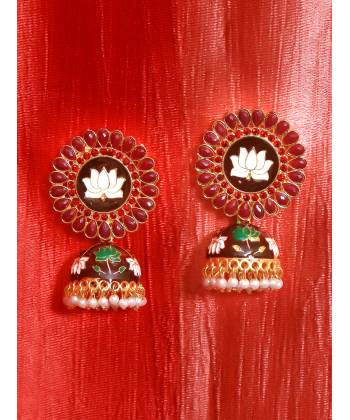 Traditional Gold Plated Maroon Kundan Jhumka Jhumki Earrings 