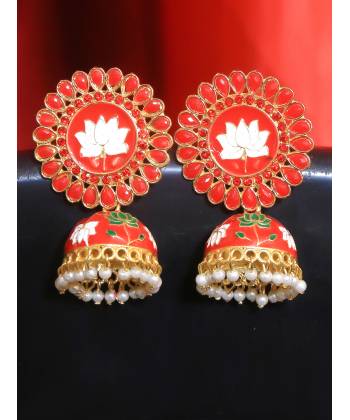 Traditional Gold Plated Red Kundan Jhumka Jhumki Earrings