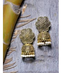Traditional Gold Plated White Pearls Jhumka Earrings