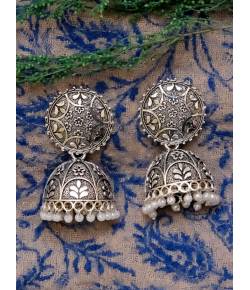 Oxidized Silver White Pearls Drop Jhumka Jhumki Earrings 