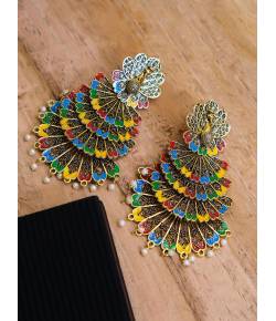 Oxidized Gold Plated Gold and Multi Peacock Drop & Dangler Earrings 