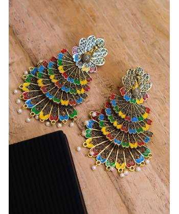 Oxidized Gold Plated Gold and Multi Peacock Drop & Dangler Earrings 