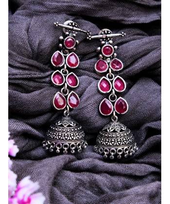 Oxidized Silver Pink Jhumka Jhumki Earrings RAE0499