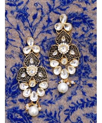 Gold Plated Black-White Drop & Dangle Earrings 