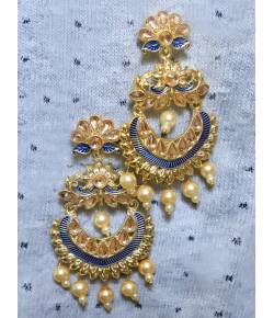 Traditional Gold Plated Kundan Work Blue Chandbali Earrings 